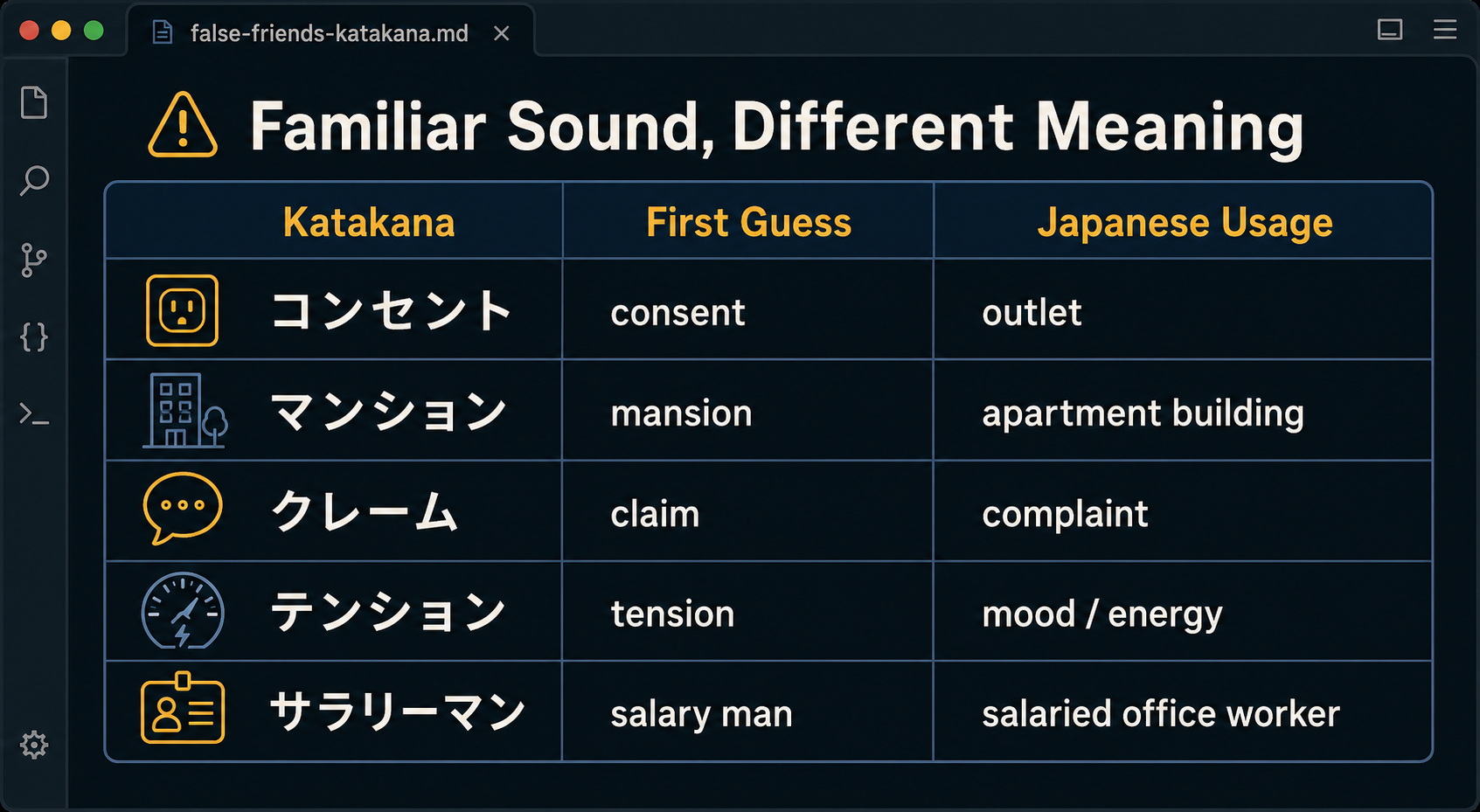 A table of katakana false friends: コンセント, マンション, クレーム, テンション, and サラリーマン with their Japanese usage.