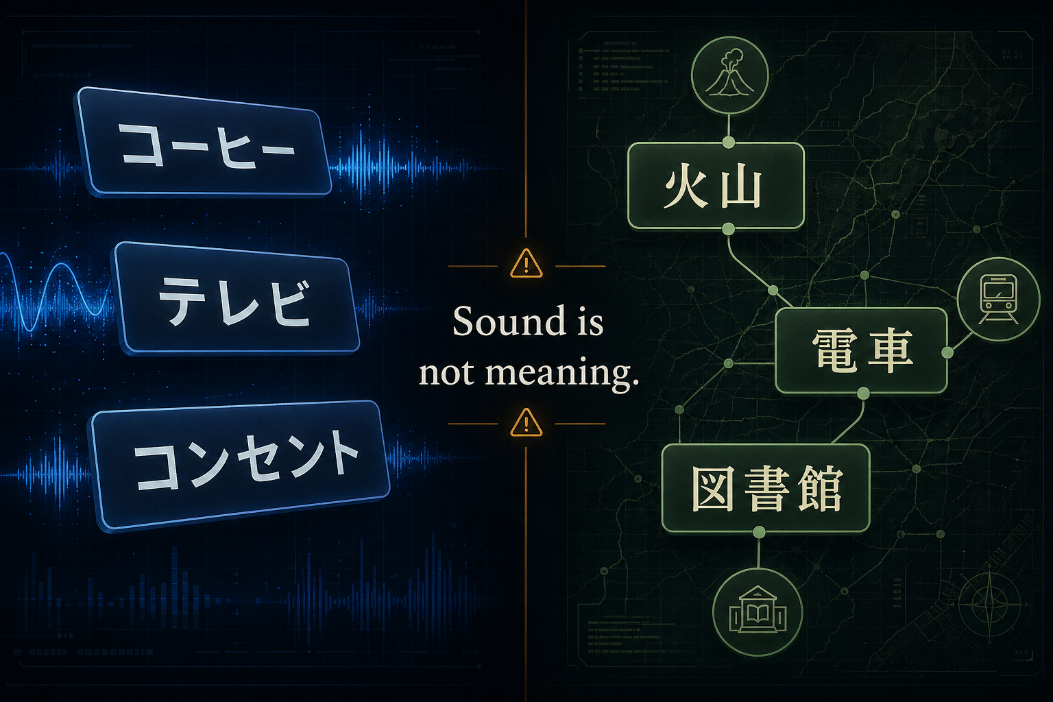 A split concept image with katakana sound waves on the left, kanji meaning nodes on the right, and the phrase Sound is not meaning.